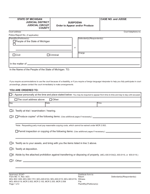 Form MC11 Subpoena - Order to Appear and/or Produce - Michigan