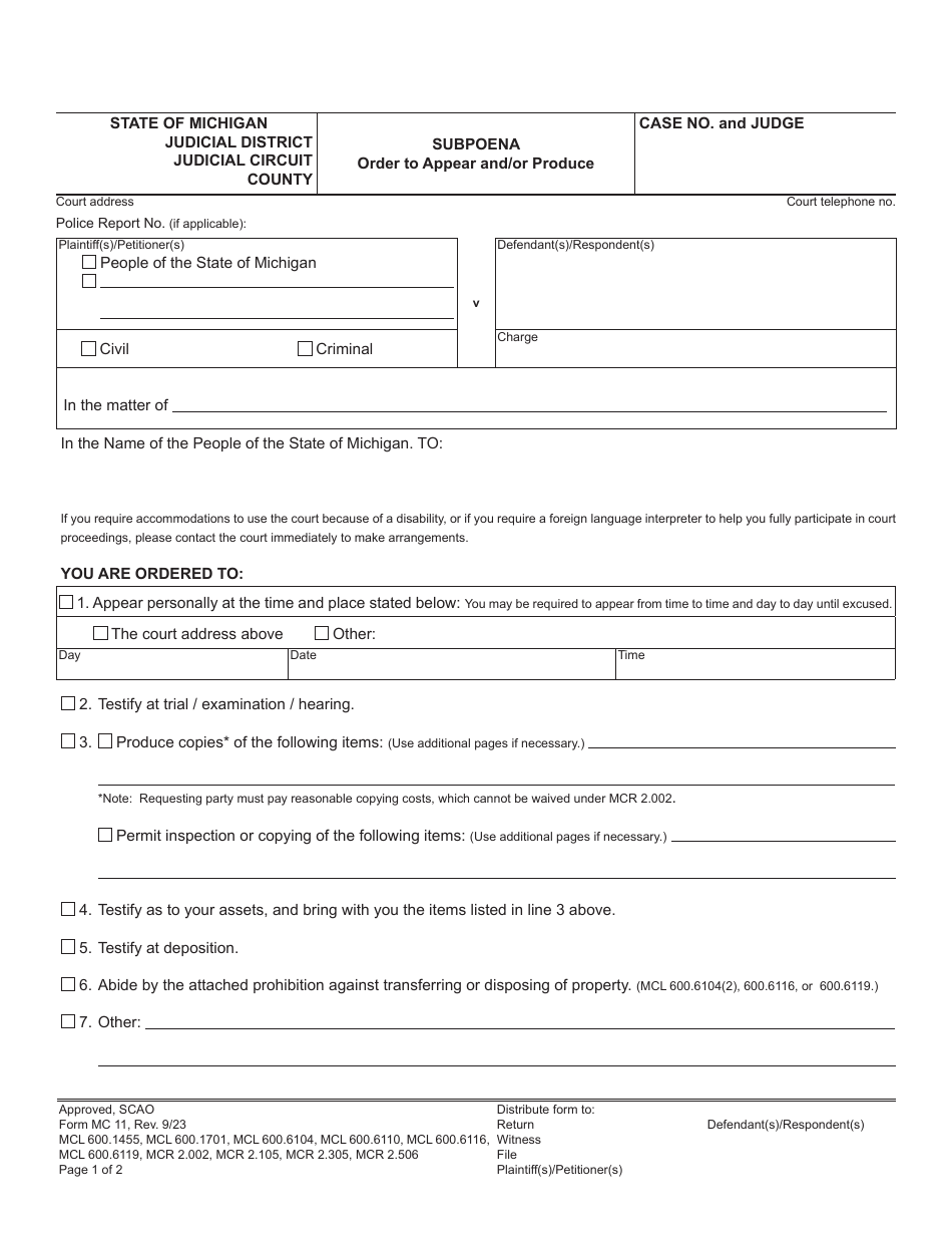 Form MC11 Subpoena - Order to Appear and / or Produce - Michigan, Page 1