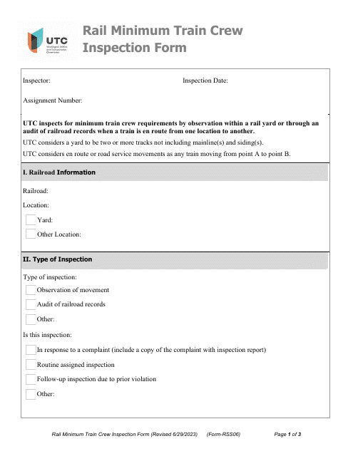 Form RSS06 Rail Minimum Train Crew Inspection Form - Washington