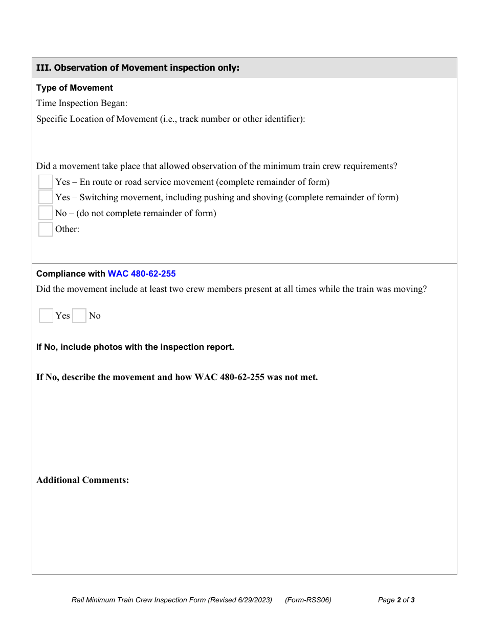 Form RSS06 Rail Minimum Train Crew Inspection Form - Washington, Page 2
