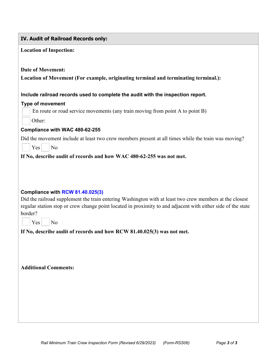 Form RSS06 Rail Minimum Train Crew Inspection Form - Washington, Page 3