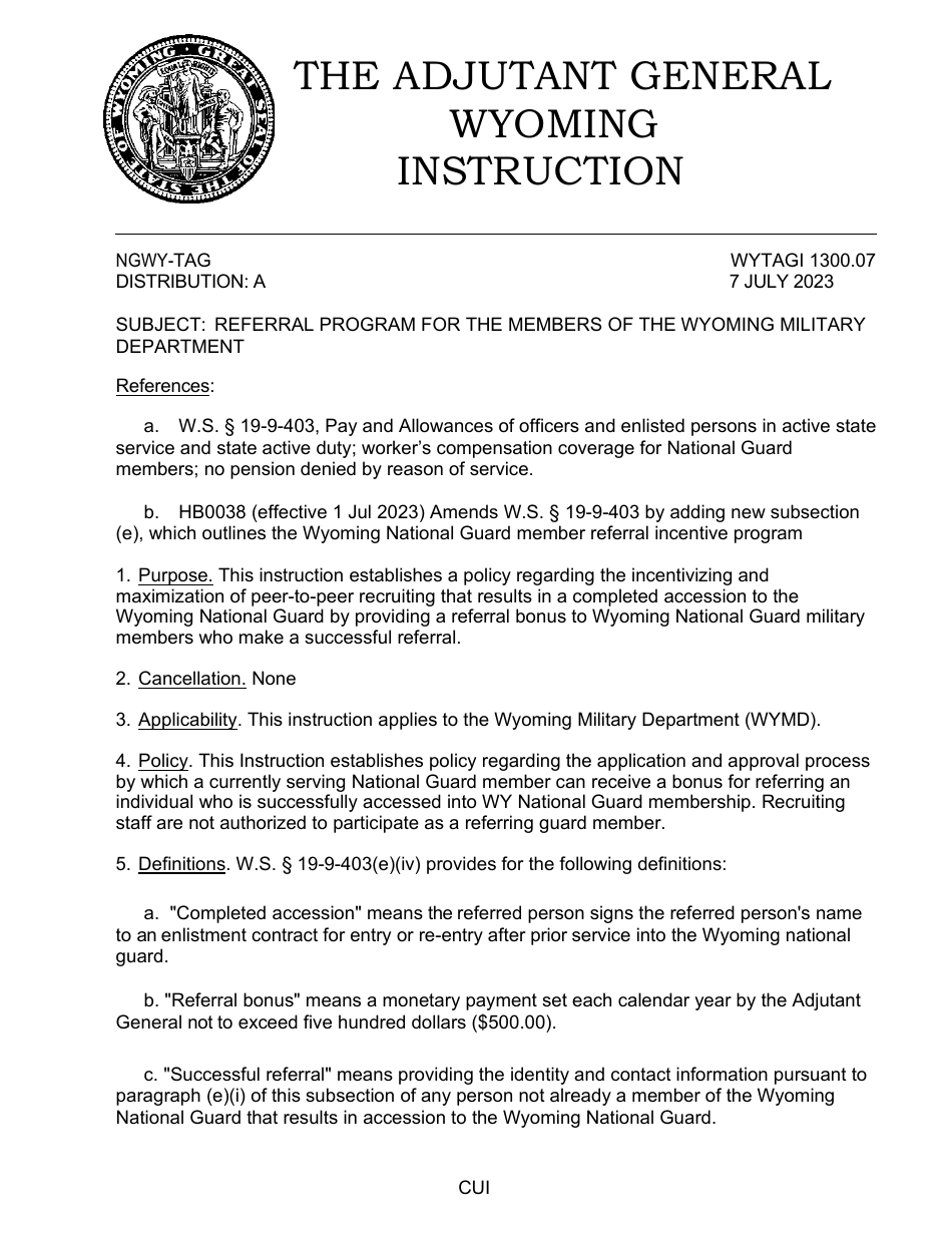 Application for Guard Member to Refer Prospective Recruit - Wyoming National Guard Referral Bonus Program - Wyoming, Page 1