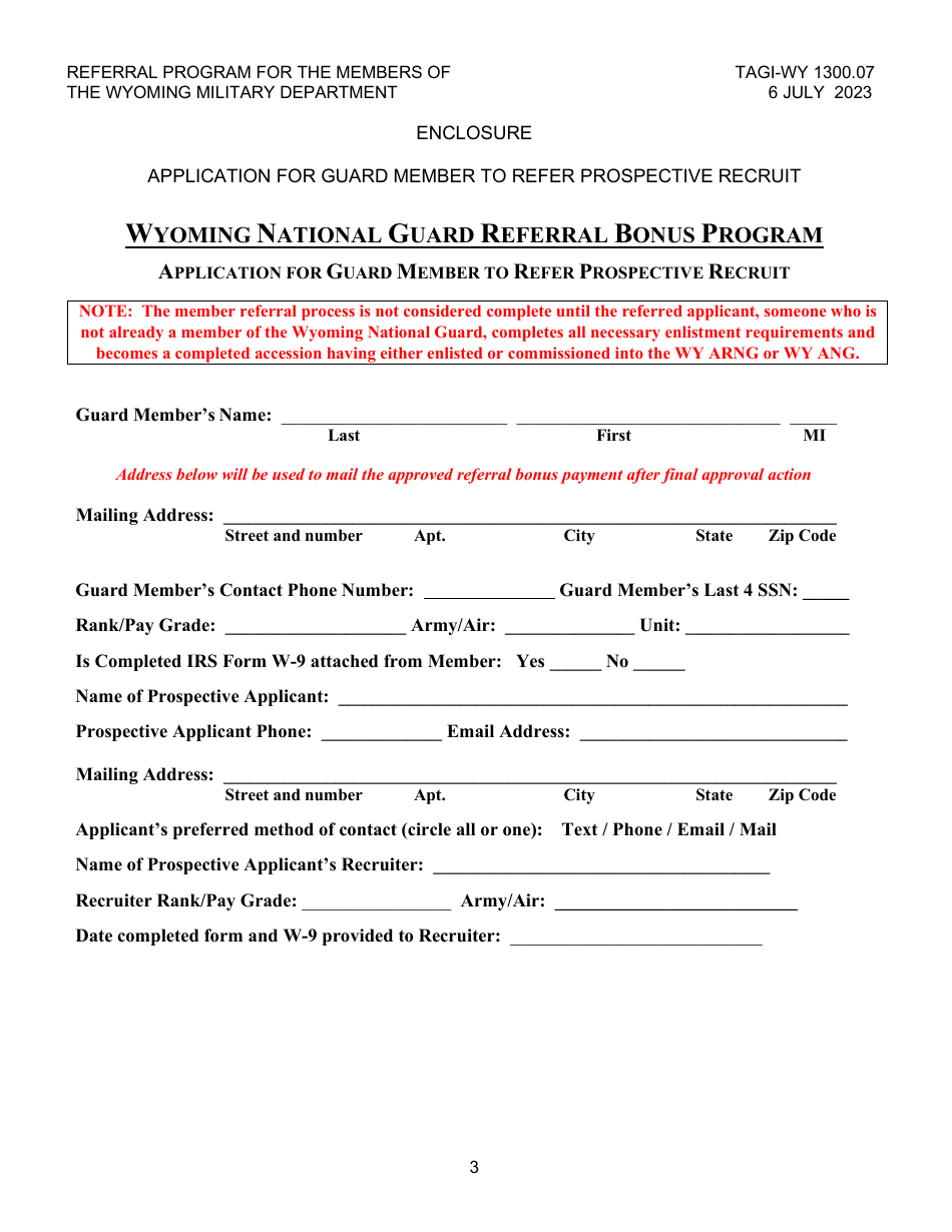 Application for Guard Member to Refer Prospective Recruit - Wyoming National Guard Referral Bonus Program - Wyoming, Page 3
