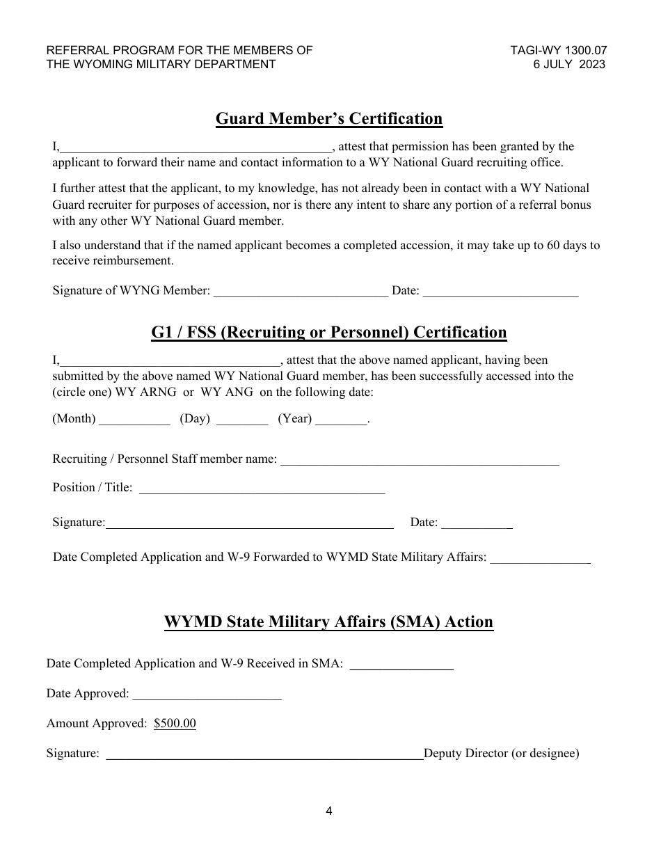 Application for Guard Member to Refer Prospective Recruit - Wyoming National Guard Referral Bonus Program - Wyoming, Page 4