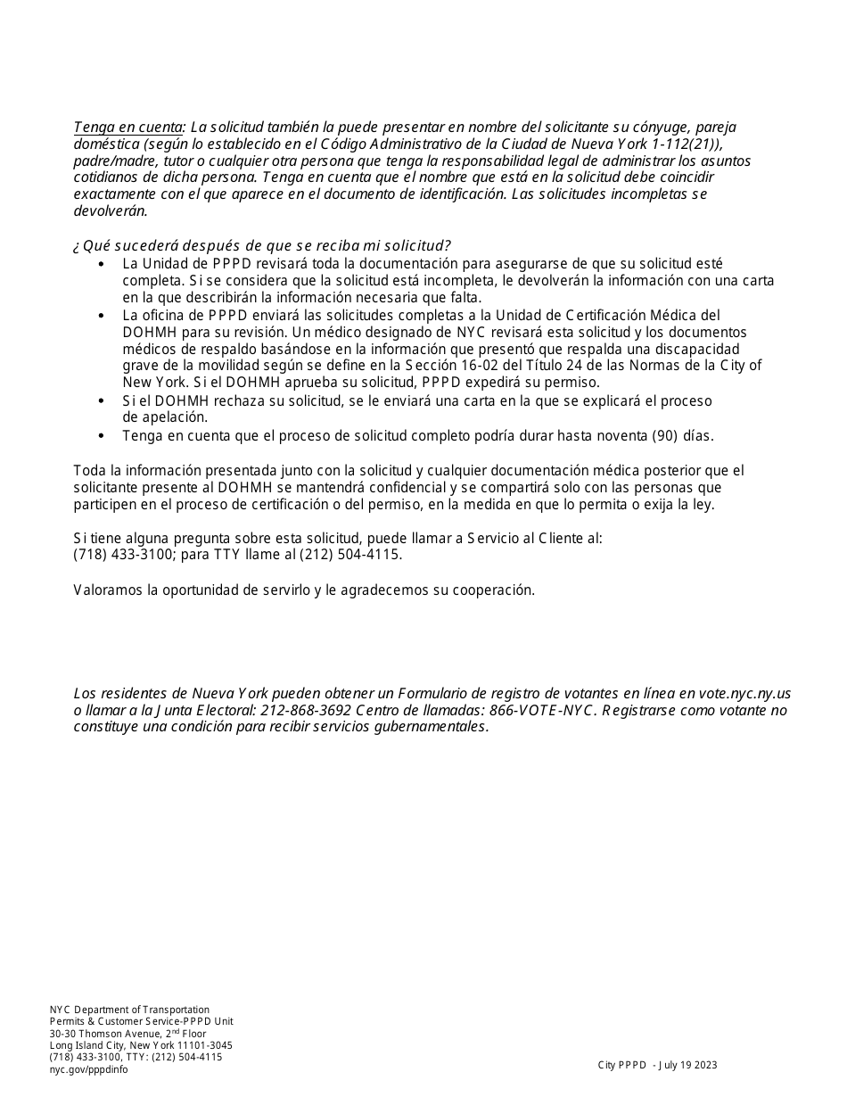 Solicitud Del Permiso De Estacionamiento Para Personas Con Discapacidades De La Ciudad De Nueva York - New York City (Spanish), Page 2