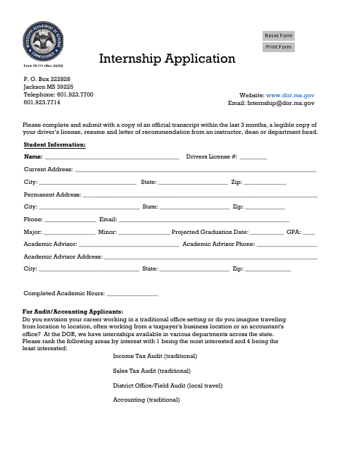Form 70-111 Internship Application - Mississippi