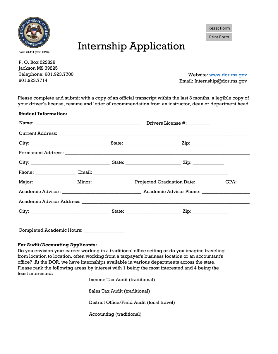 Form 70-111 Internship Application - Mississippi, Page 1