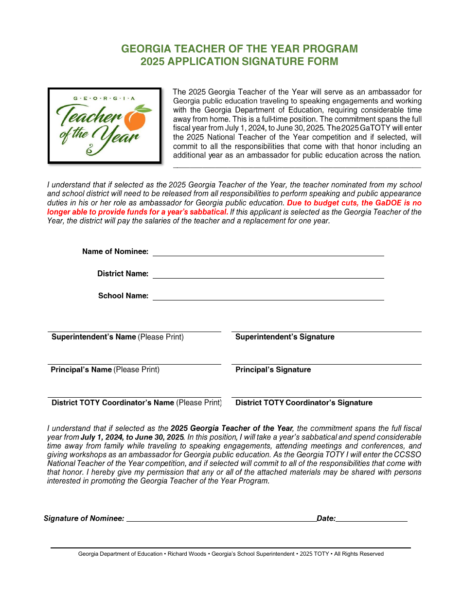 Application Signature Form - Georgia Teacher of the Year Program - Georgia (United States), Page 1