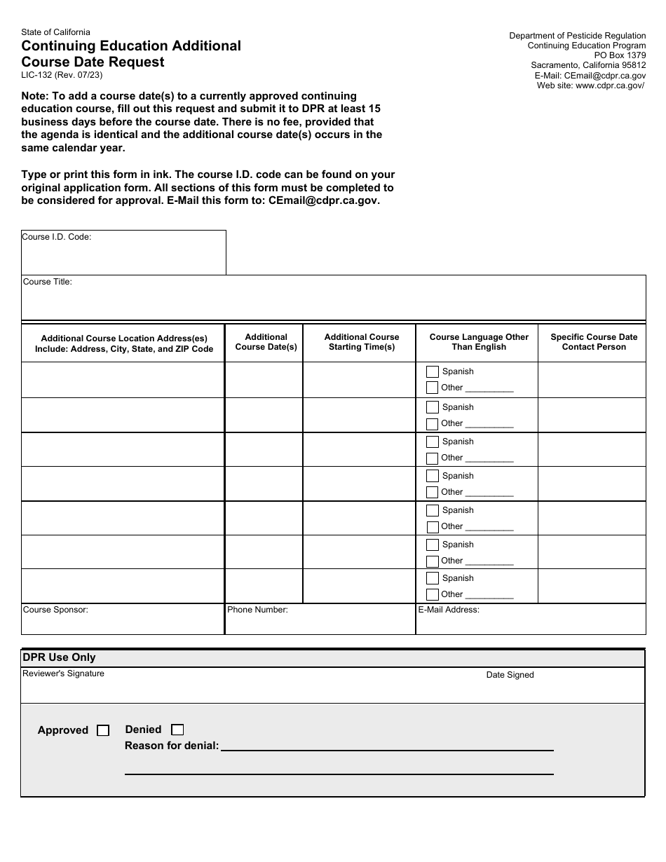 Form LIC-132 Continuing Education Additional Course Date Request - California, Page 1