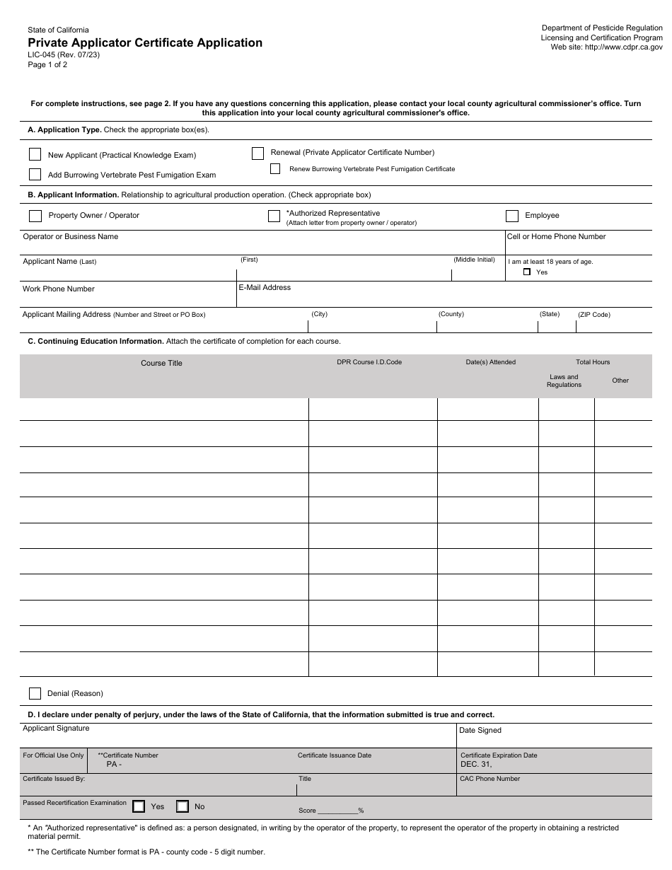 Form LIC-045 Private Applicator Certificate Application - California, Page 1