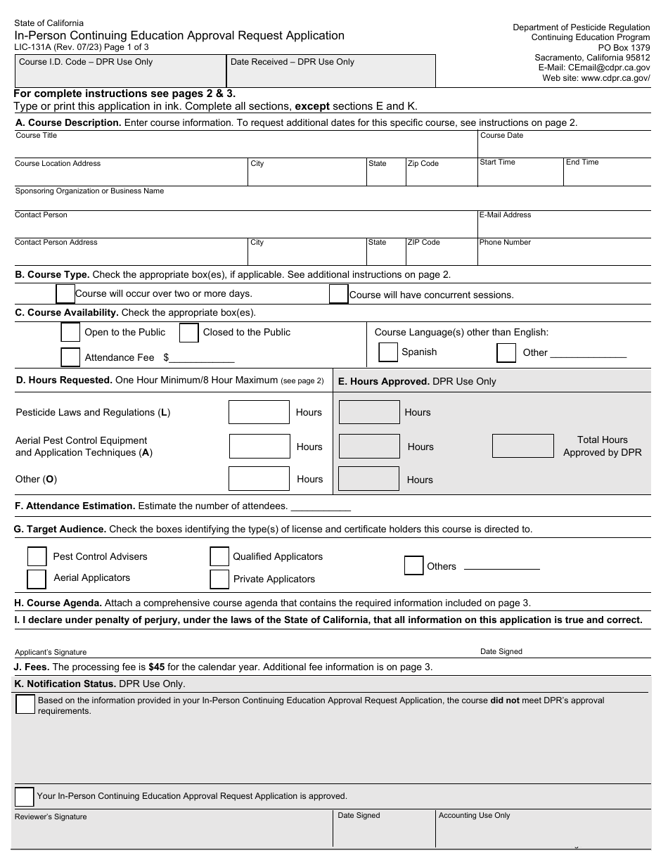 Form LIC-131A In-person Continuing Education Approval Request Application - California, Page 1
