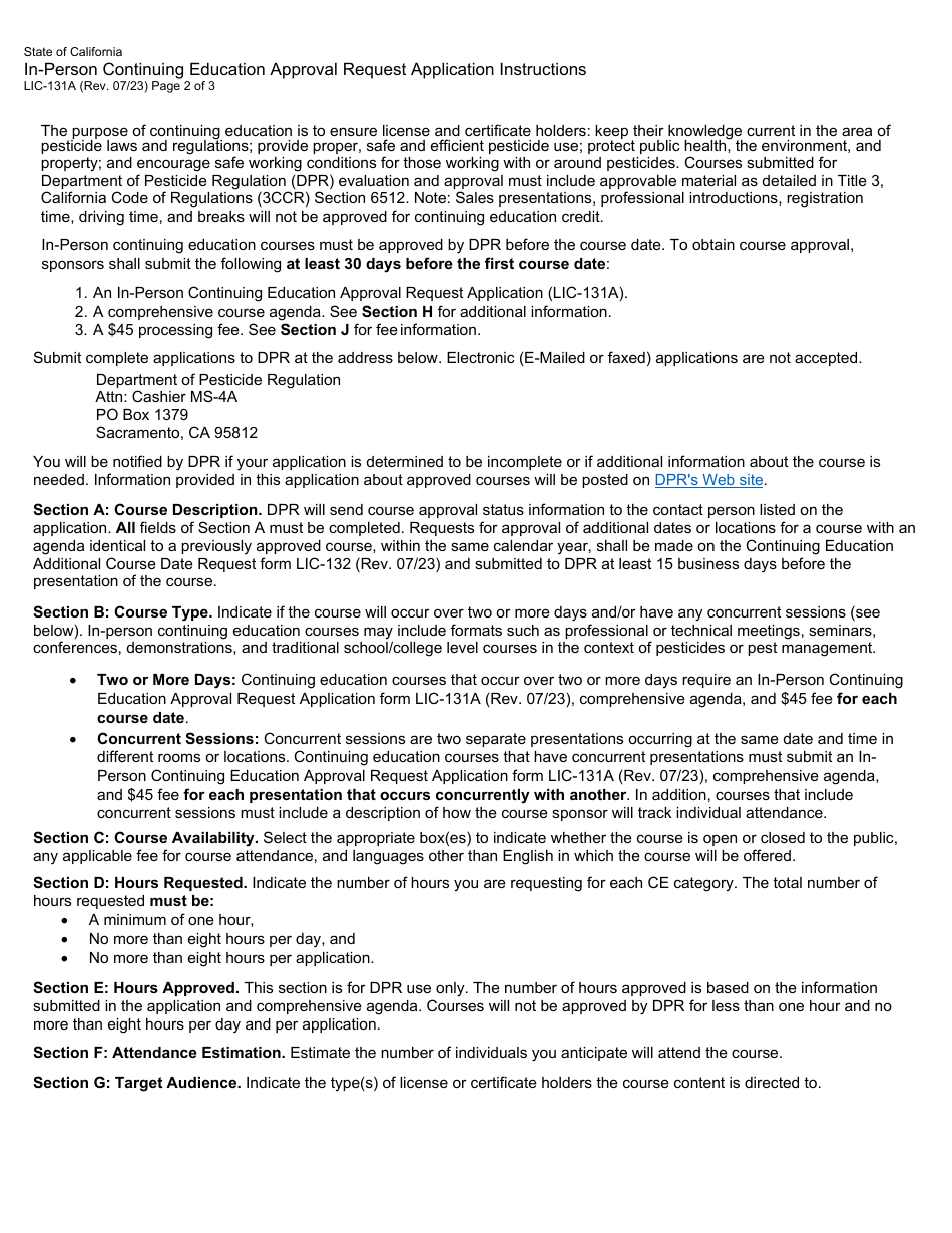 Form LIC-131A In-person Continuing Education Approval Request Application - California, Page 2