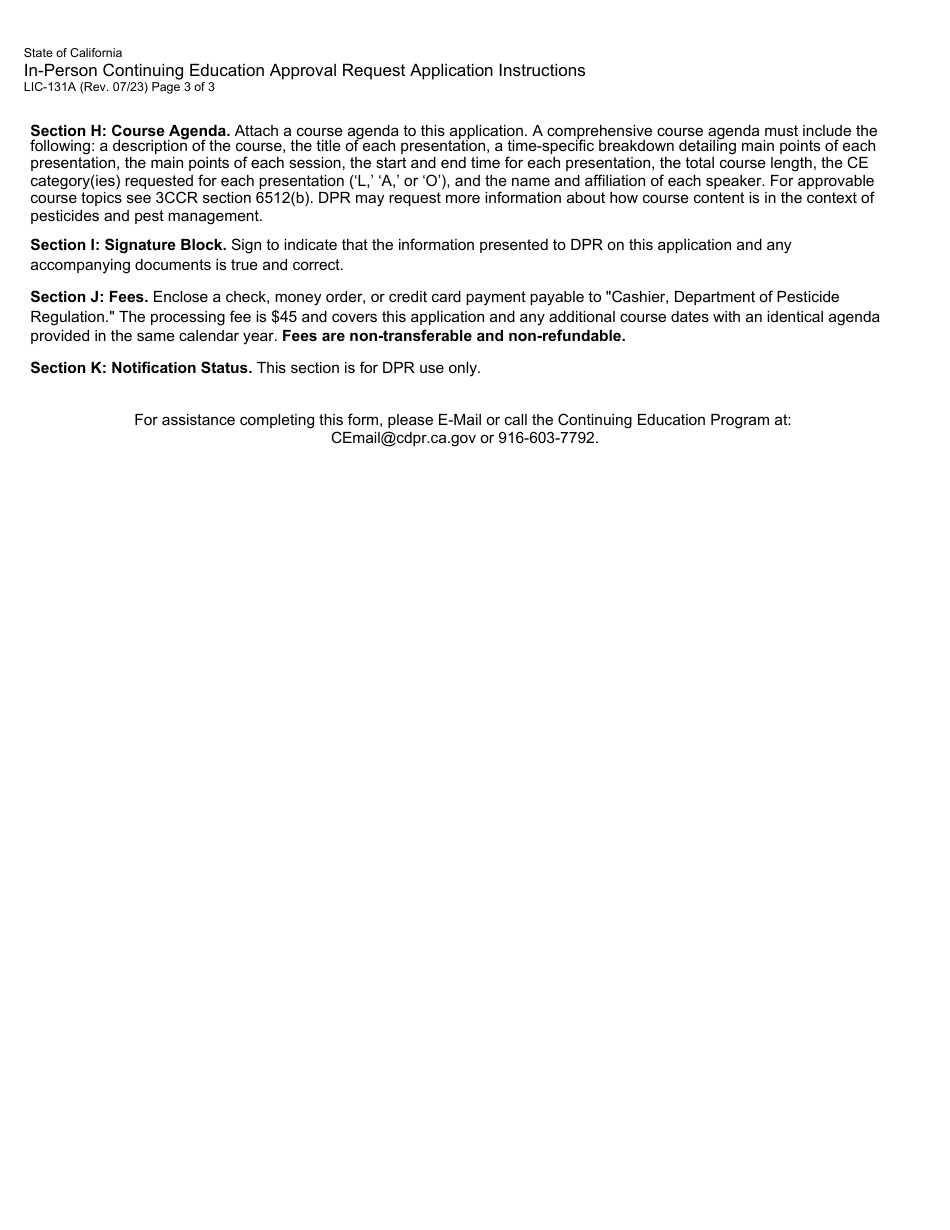Form LIC-131A In-person Continuing Education Approval Request Application - California, Page 3