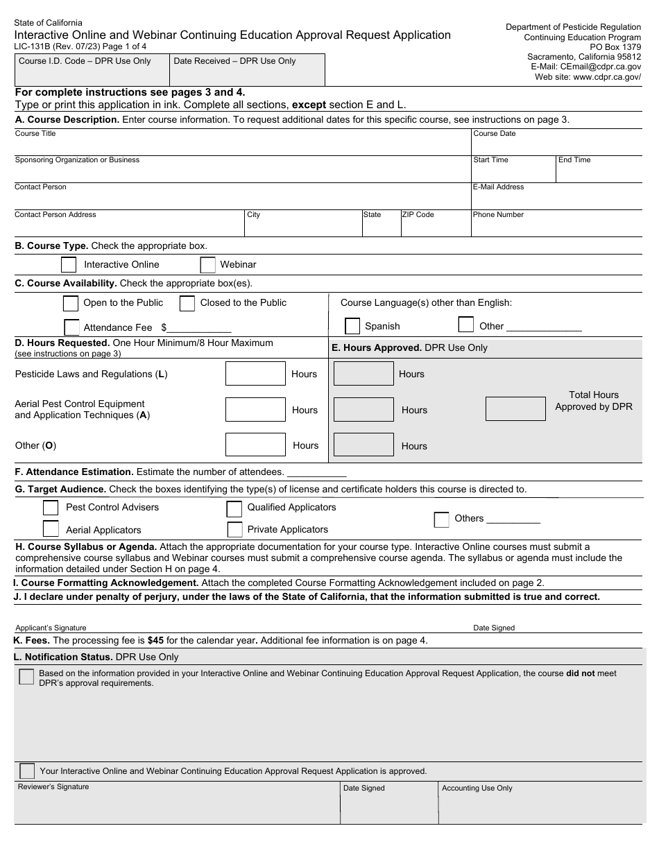 Form LIC-131B Interactive Online and Webinar Continuing Education Approval Request Application - California, Page 1