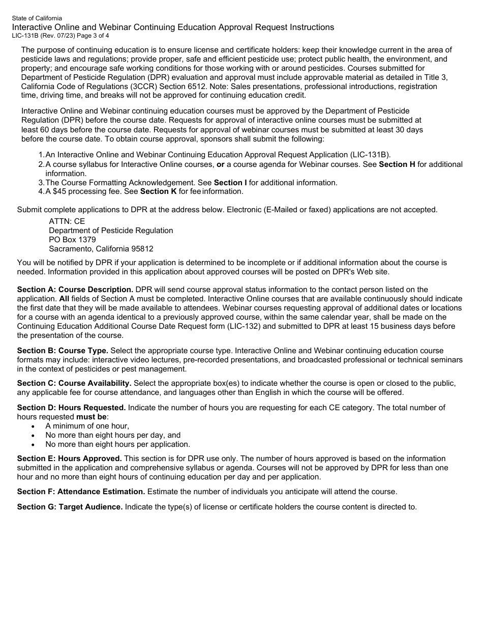 Form LIC-131B Interactive Online and Webinar Continuing Education Approval Request Application - California, Page 3