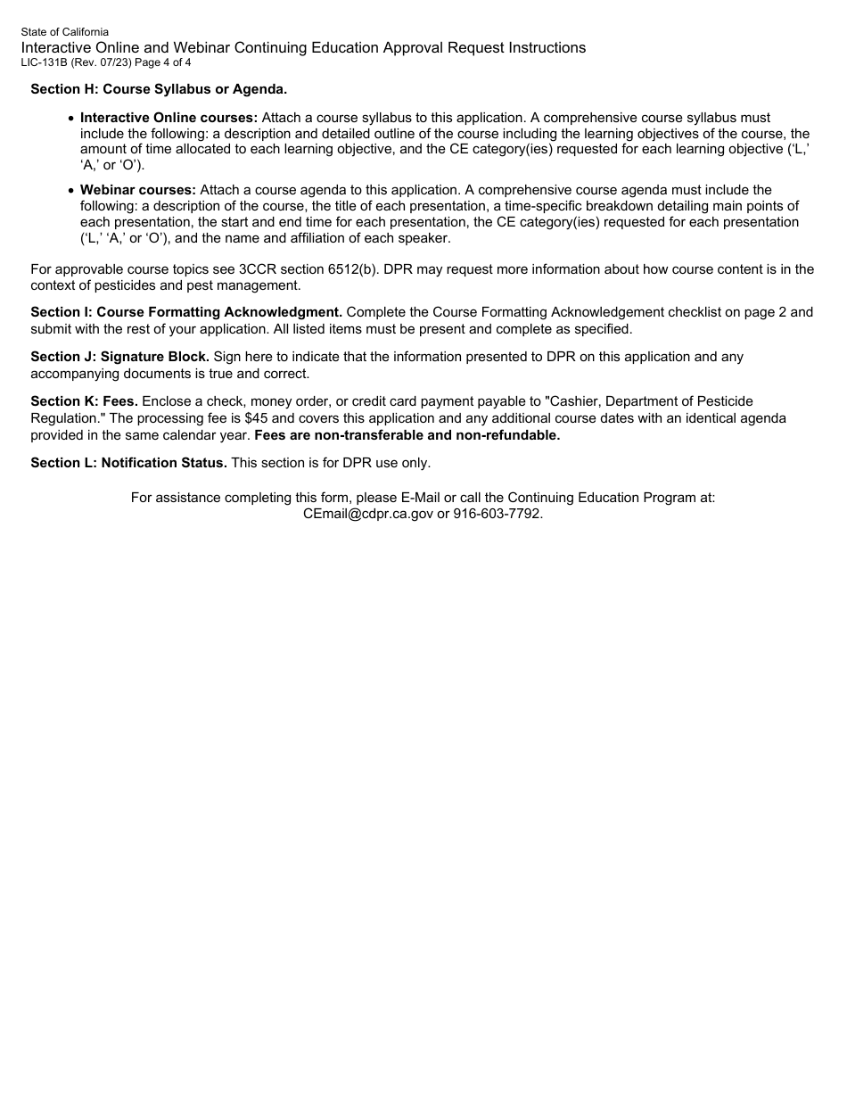 Form LIC-131B Interactive Online and Webinar Continuing Education Approval Request Application - California, Page 4