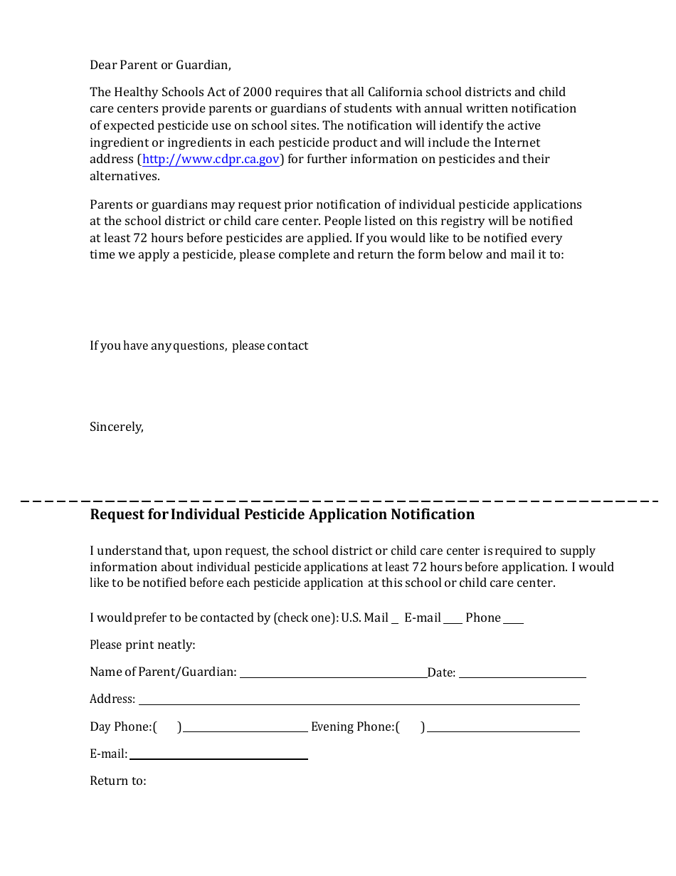 Request for Individual Pesticide Application Notification - California, Page 1