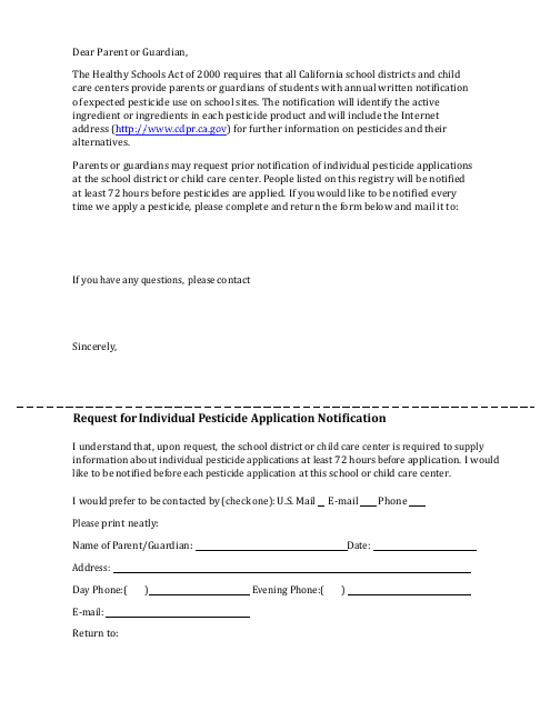 Request for Individual Pesticide Application Notification - California Download Pdf