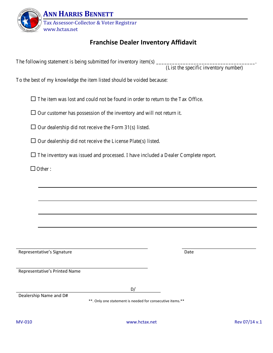 Form MV-010 Franchise Dealer Inventory Affidavit - Harris County, Texas, Page 1