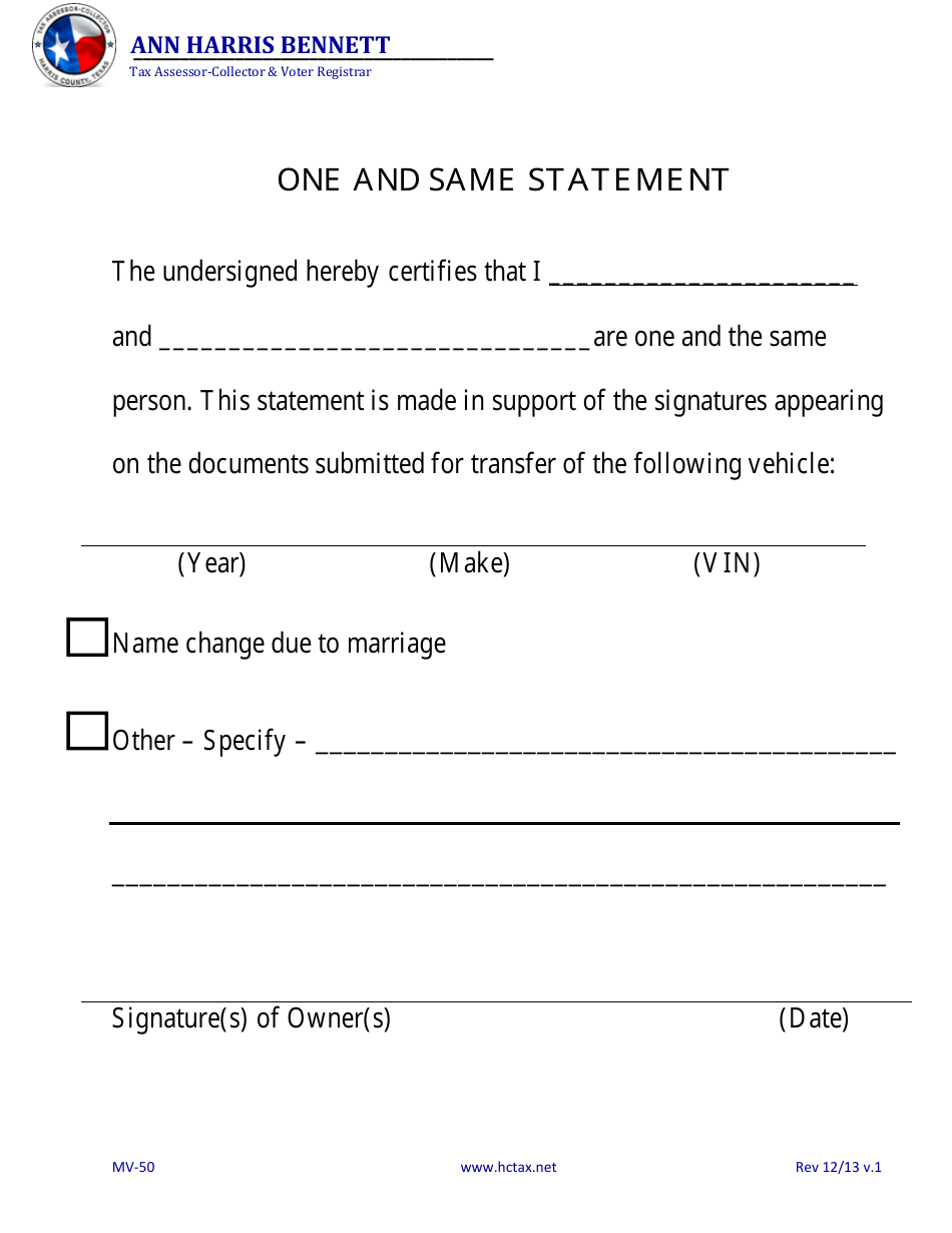 Form MV-50 One and Same Statement - Harris County, Texas, Page 1