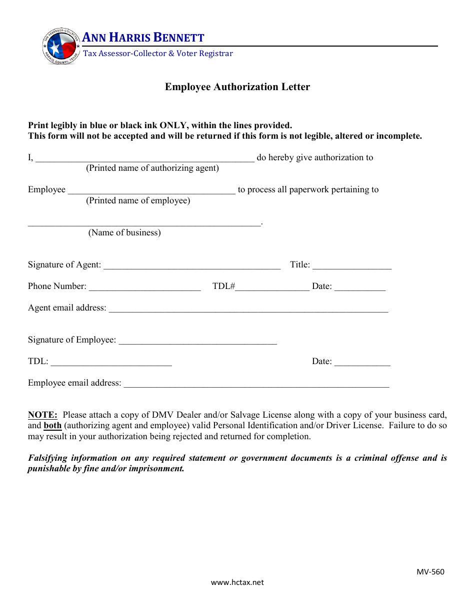 Form MV-560 Employee Authorization Letter - Harris County, Texas, Page 1