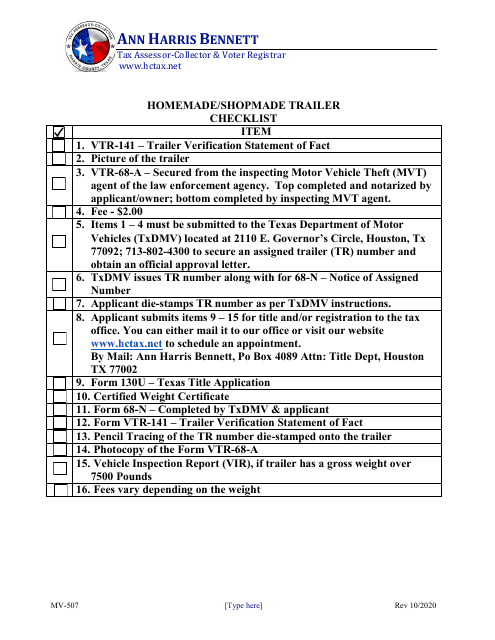 Form MV-507 Homemade/Shopmade Trailer Checklist - Harris County, Texas