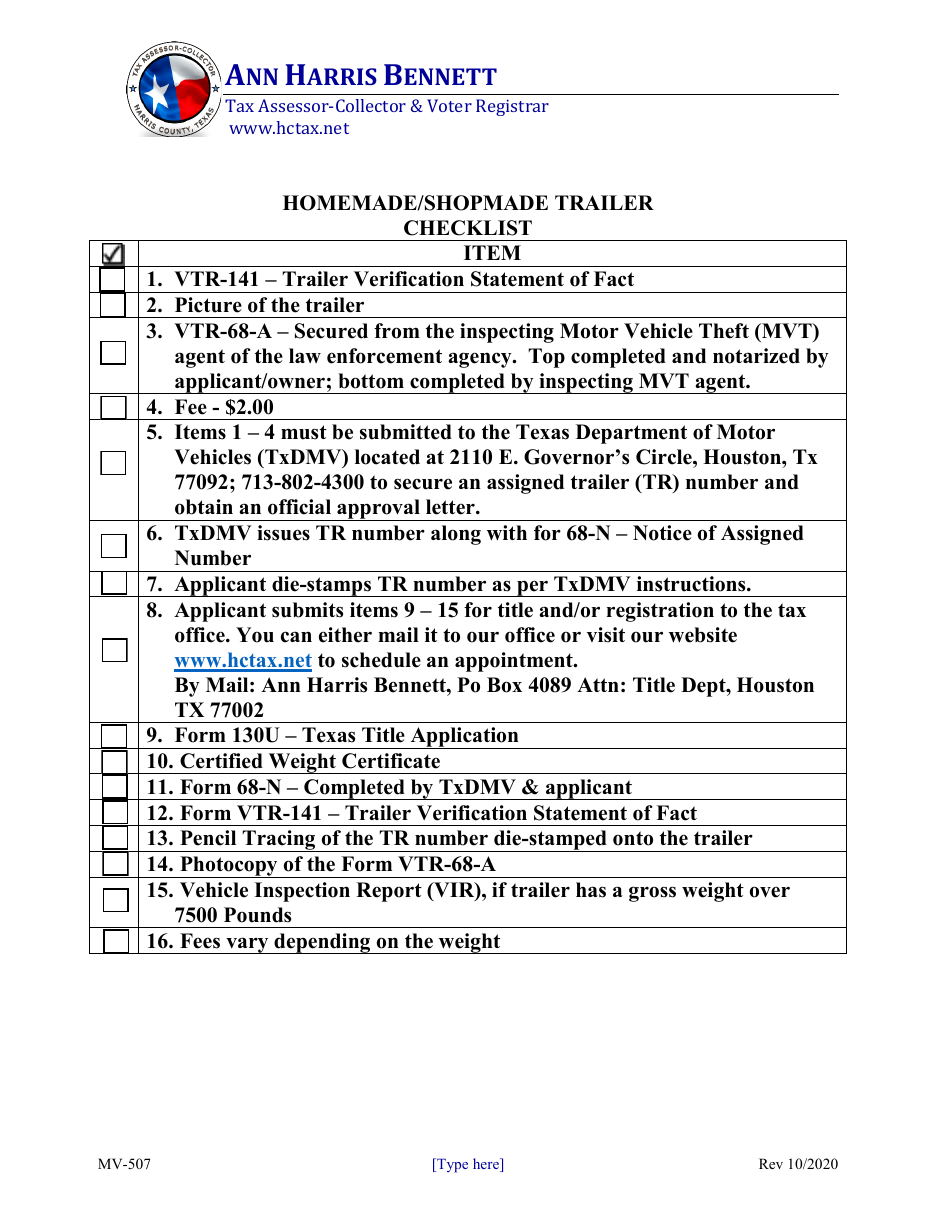 Form MV-507 Homemade / Shopmade Trailer Checklist - Harris County, Texas, Page 1