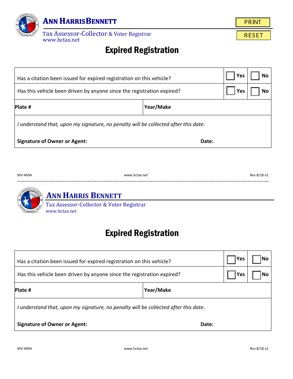 Form MV-469A Expired Registration - Harris County, Texas, Page 1