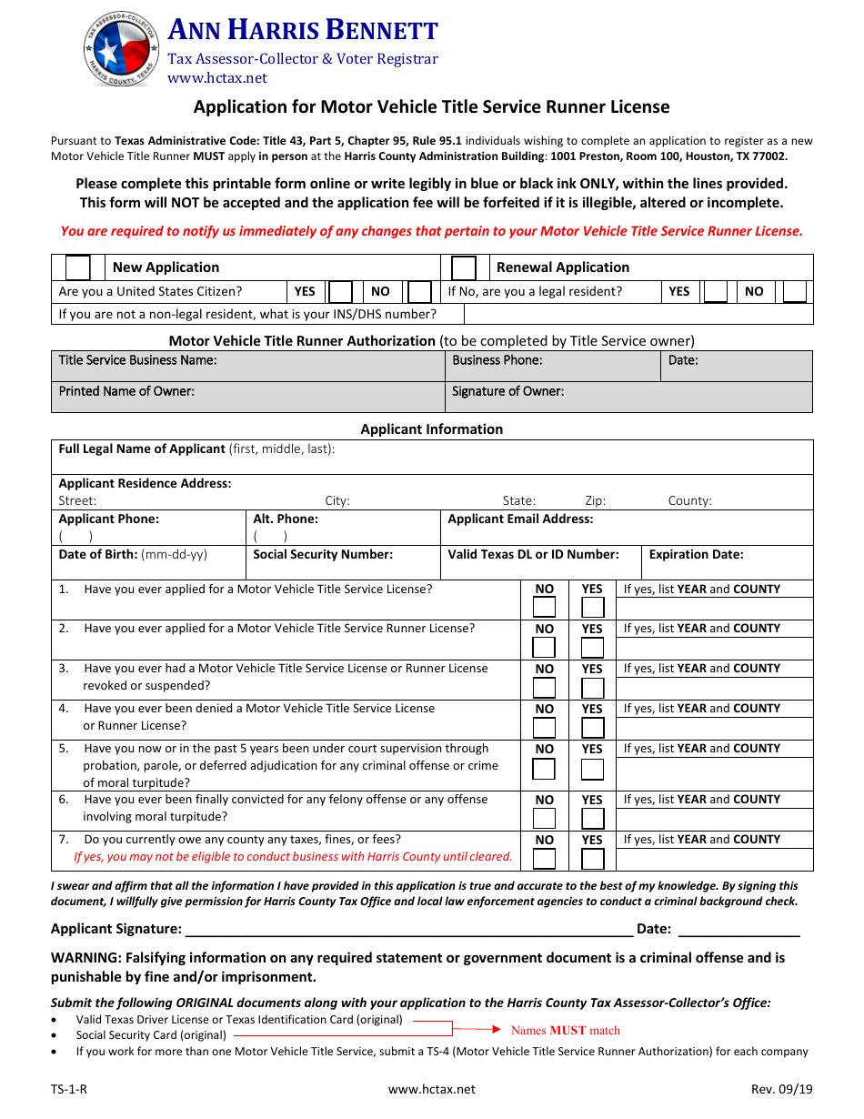 Form TS1R Fill Out, Sign Online and Download Fillable PDF, Harris