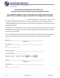 Document preview: Form TS-2 Acknowledgement of Receipt of Forms Ts-5 and Ts-5a and Copy of Texas Transportation Code 520.051 and Texas Administrative Code 95.1 - Harris County, Texas