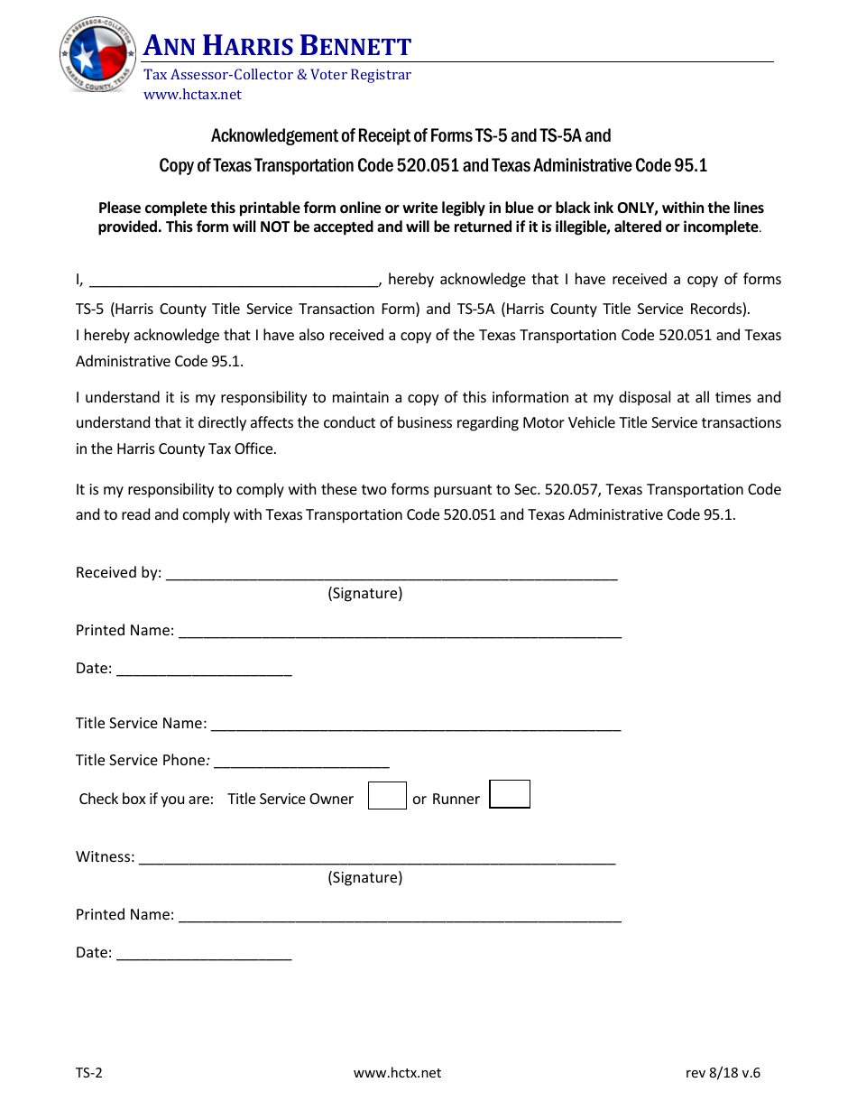 Form TS-2 Acknowledgement of Receipt of Forms Ts-5 and Ts-5a and Copy of Texas Transportation Code 520.051 and Texas Administrative Code 95.1 - Harris County, Texas, Page 1