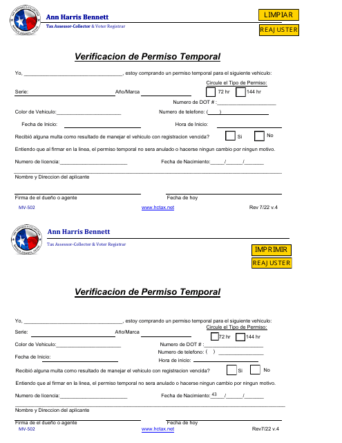 Formulario MV-502 Verificacion De Permiso Temporal - Harris County, Texas (Spanish)
