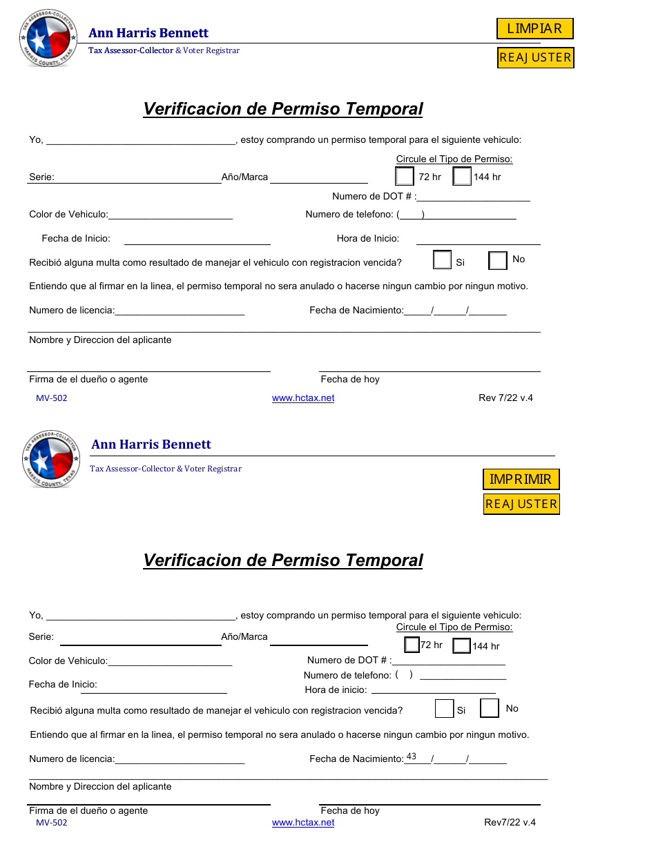 Formulario MV-502 Verificacion De Permiso Temporal - Harris County, Texas (Spanish), Page 1