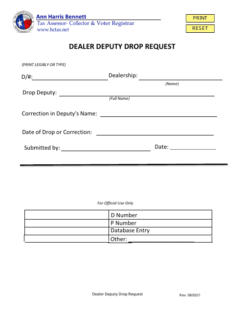 Dealer Deputy Drop Request - Harris County, Texas Download Pdf