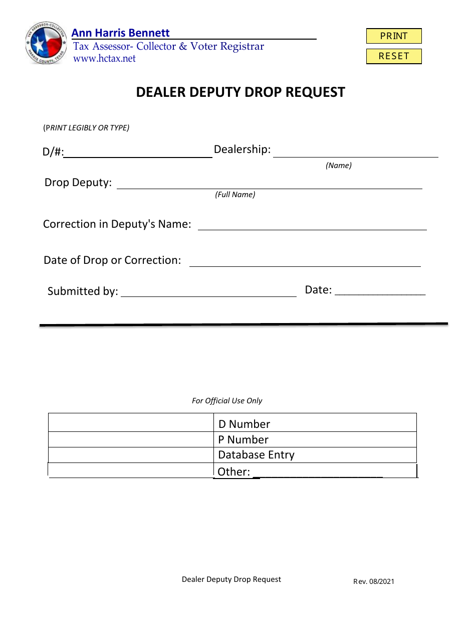Dealer Deputy Drop Request - Harris County, Texas, Page 1
