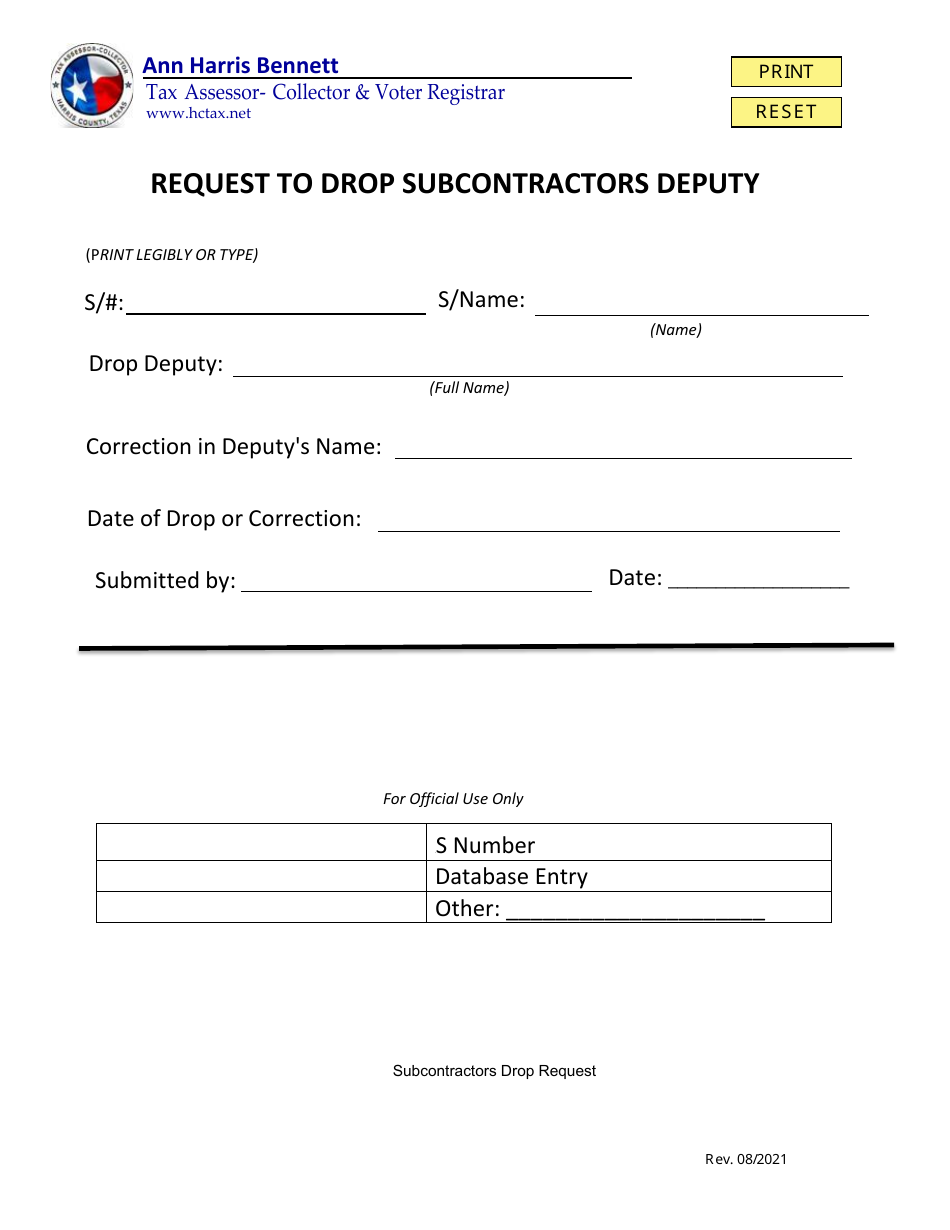 Request to Drop Subcontractors Deputy - Harris County, Texas, Page 1