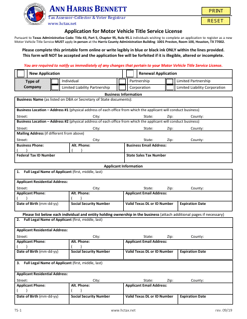 Form TS-1 Application for Motor Vehicle Title Service License - Harris County, Texas