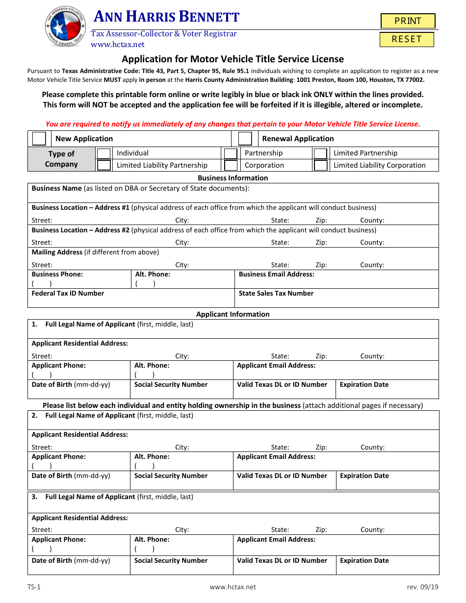 Form TS1 Fill Out, Sign Online and Download Fillable PDF, Harris