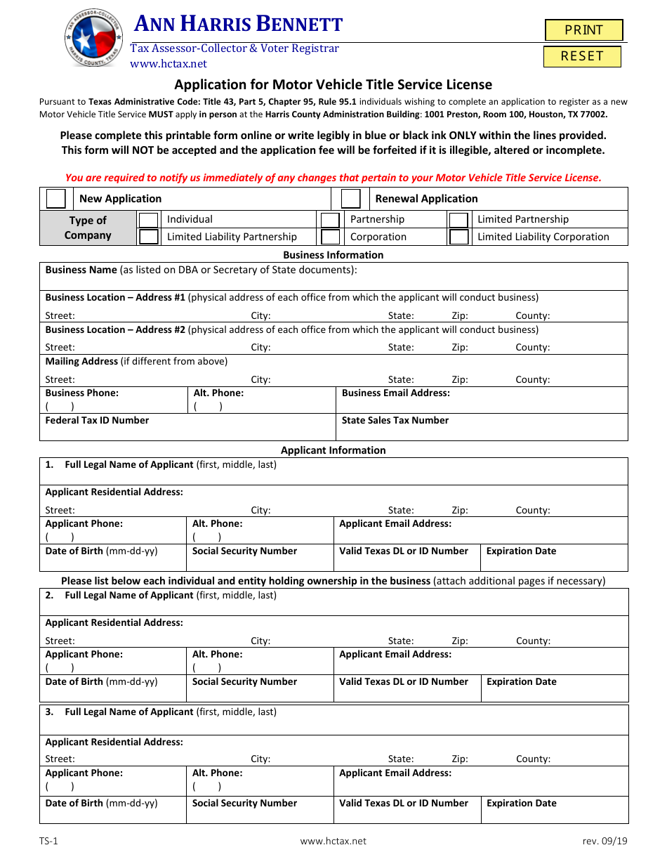 Form TS-1 Application for Motor Vehicle Title Service License - Harris County, Texas, Page 1