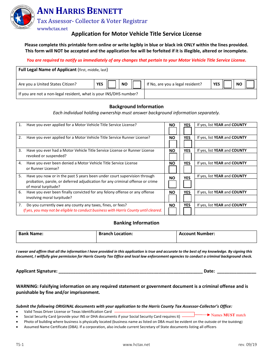 Form TS-1 Application for Motor Vehicle Title Service License - Harris County, Texas, Page 2