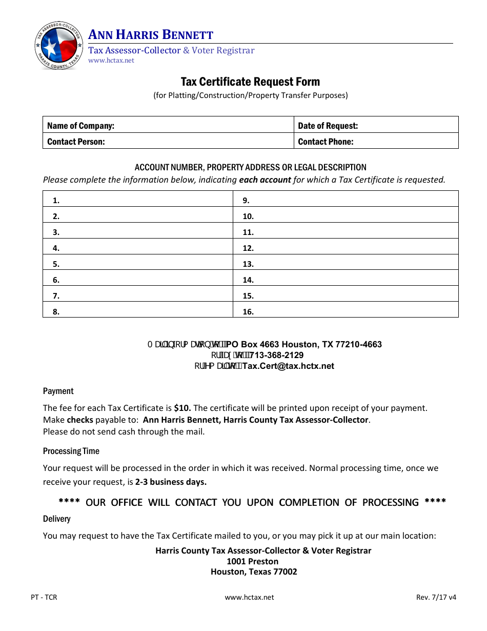 Form PT-TCR Tax Certificate Request Form - Harris County, Texas, Page 1