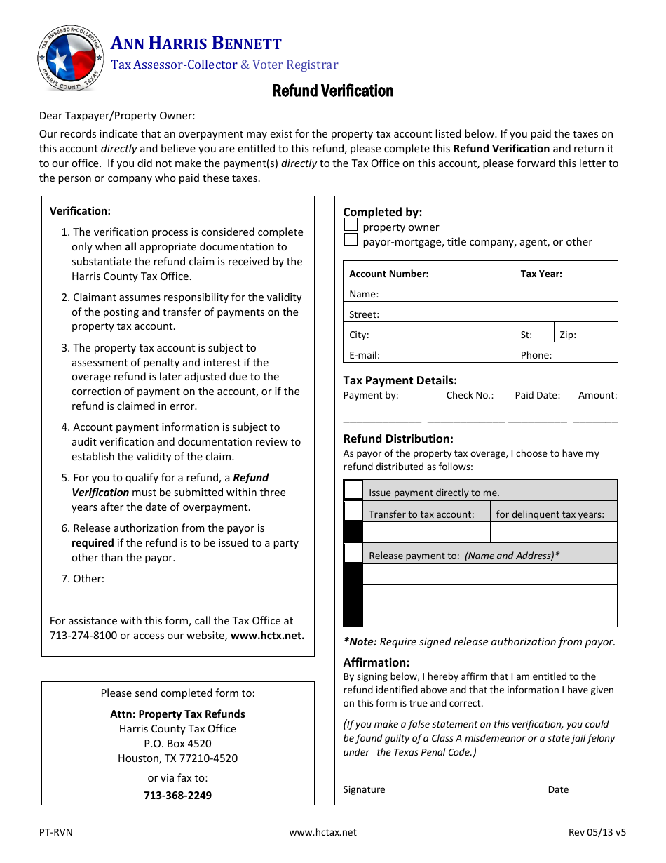 Form PT-RVN Refund Verification - Harris County, Texas, Page 1