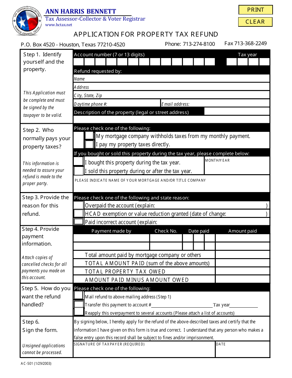 Form AC-501 Application for Property Tax Refund - Harris County, Texas, Page 1