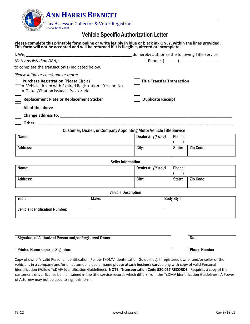 Form TS-12 Vehicle Specific Authorization Letter - Harris County, Texas, Page 1
