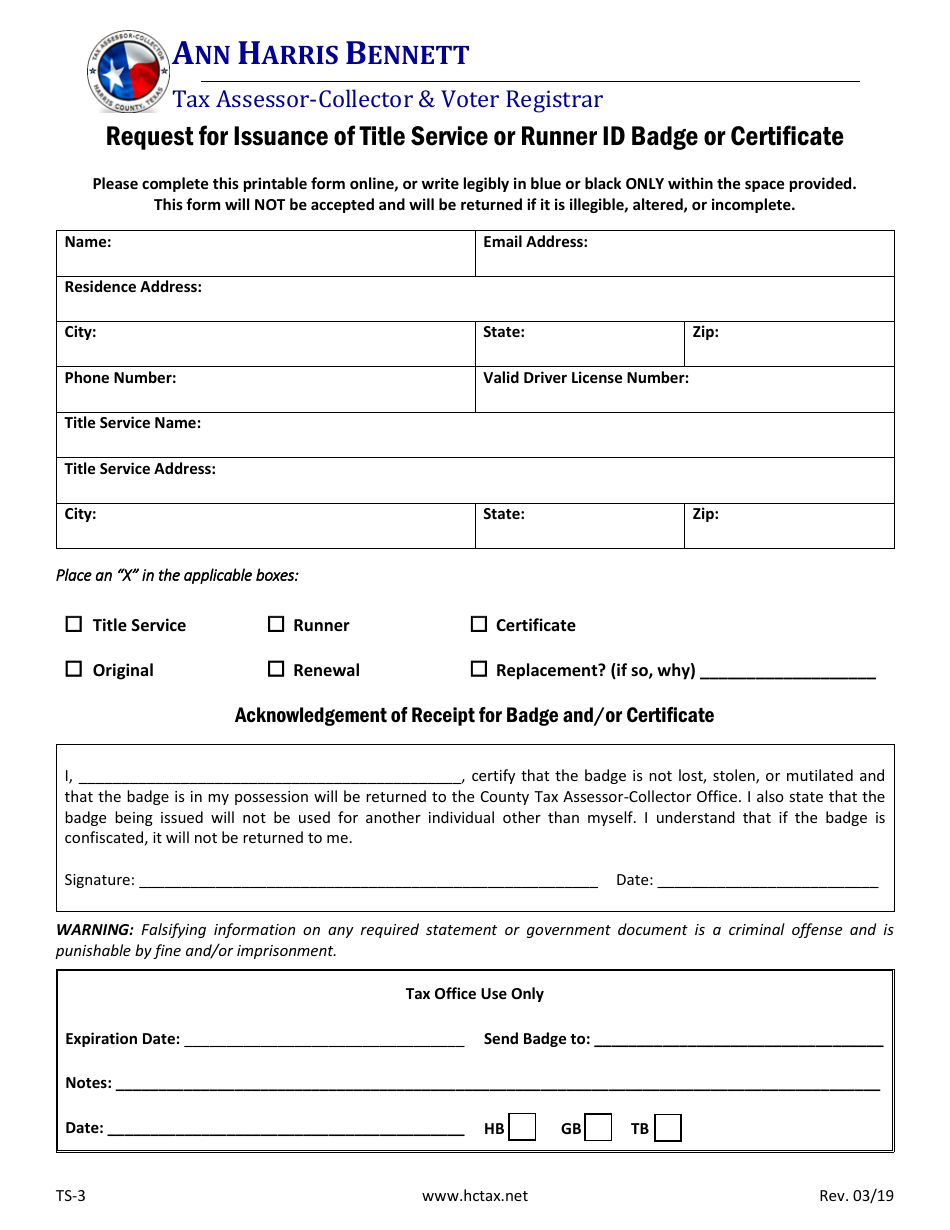 Form TS-3 Request for Issuance of Title Service or Runner Id Badge or Certificate - Harris County, Texas, Page 1