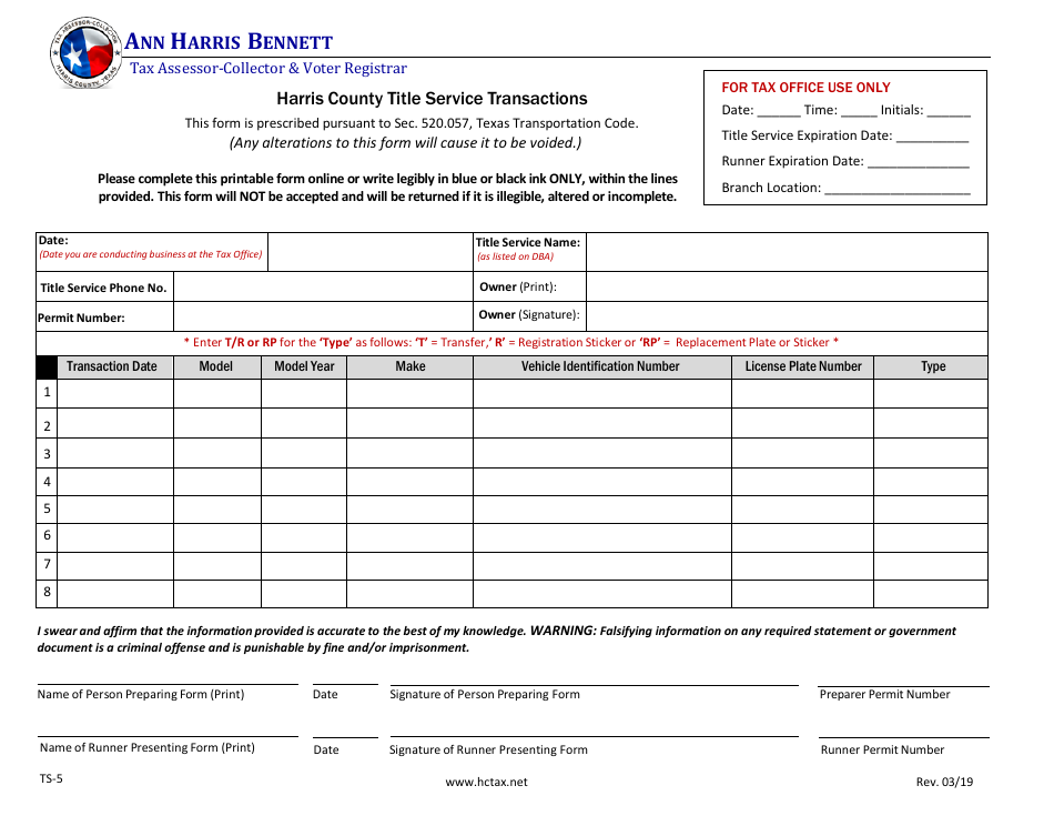 Form TS-5 Title Service Transactions - Harris County, Texas, Page 1