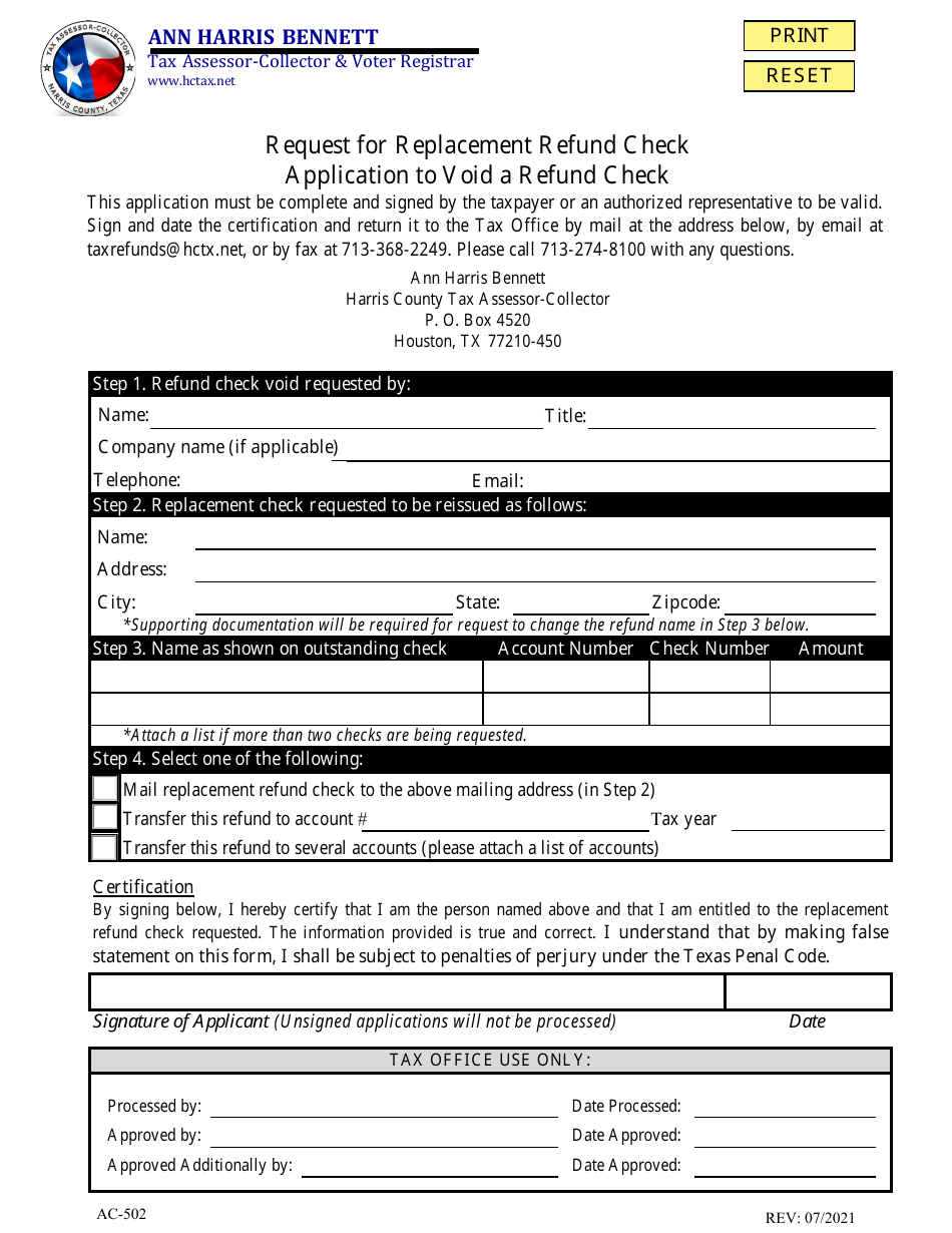 Form AC-502 Request for Replacement Refund Check - Application to Void a Refund Check - Harris County, Texas, Page 1
