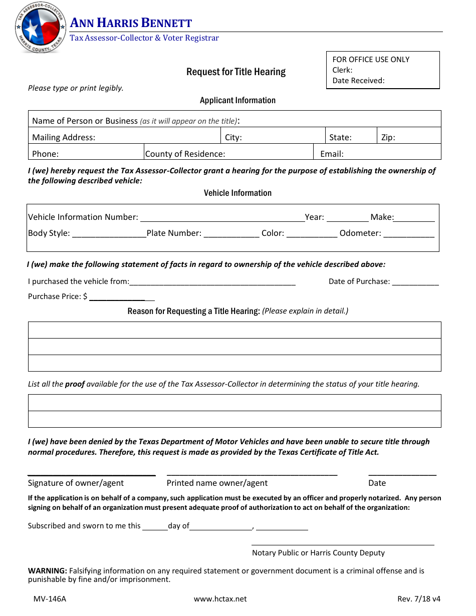 Form MV-146A Request for Title Hearing - Harris County, Texas, Page 1