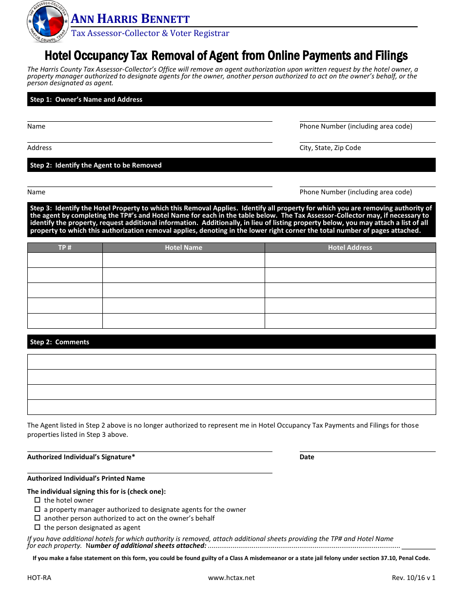 Form HOT-RA Hotel Occupancy Tax Removal of Agent From Online Payments and Filings - Harris County, Texas, Page 1