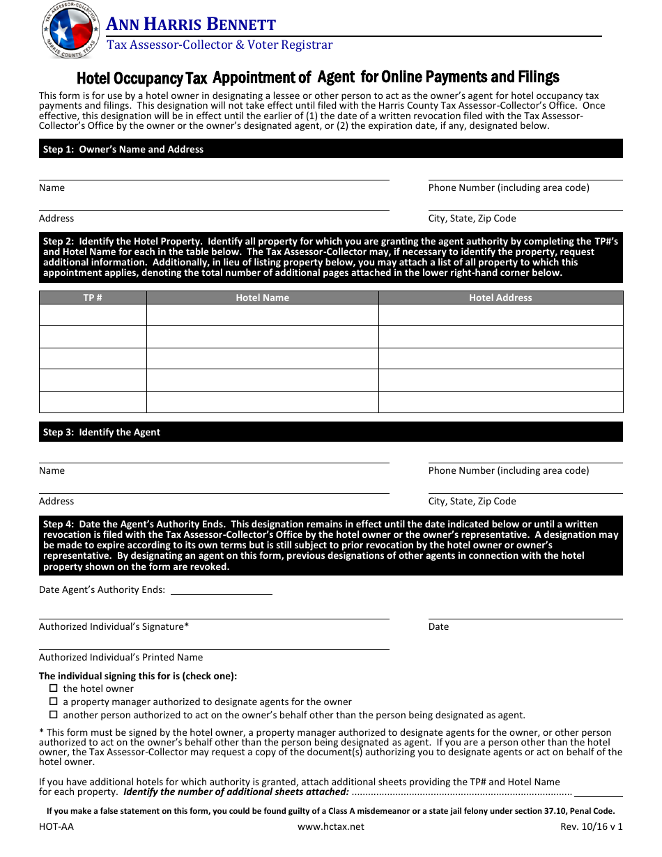 Form HOT-AA Hotel Occupancy Tax Appointment of Agent for Online Payments and Filings - Harris County, Texas, Page 1